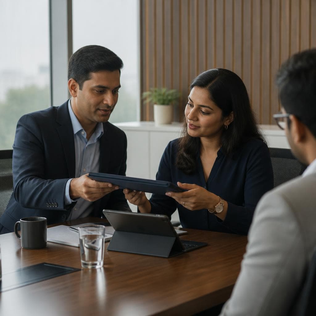 A salesperson hands a project brief to a delivery colleague while the customer is present