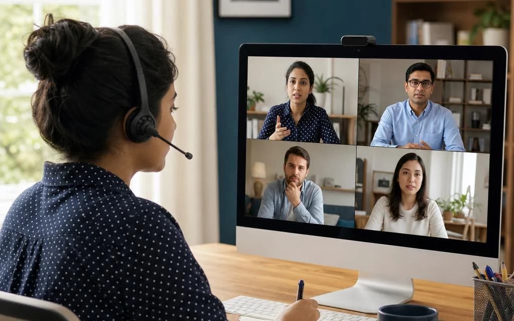 Illustrative scene of a manager coordinating remote colleagues over a video call